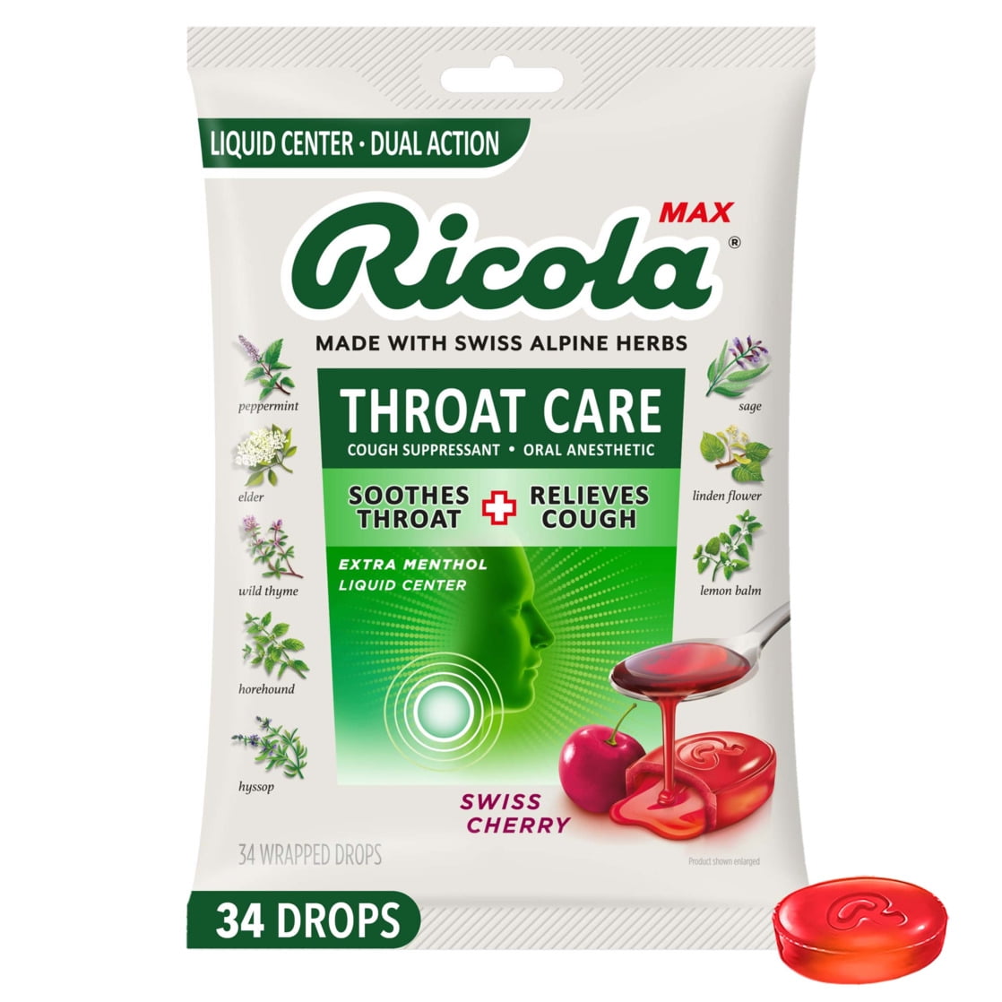 Ricola Max Throat Care Swiss Cherry Cough Drops, Cough Suppressant - 34 Count