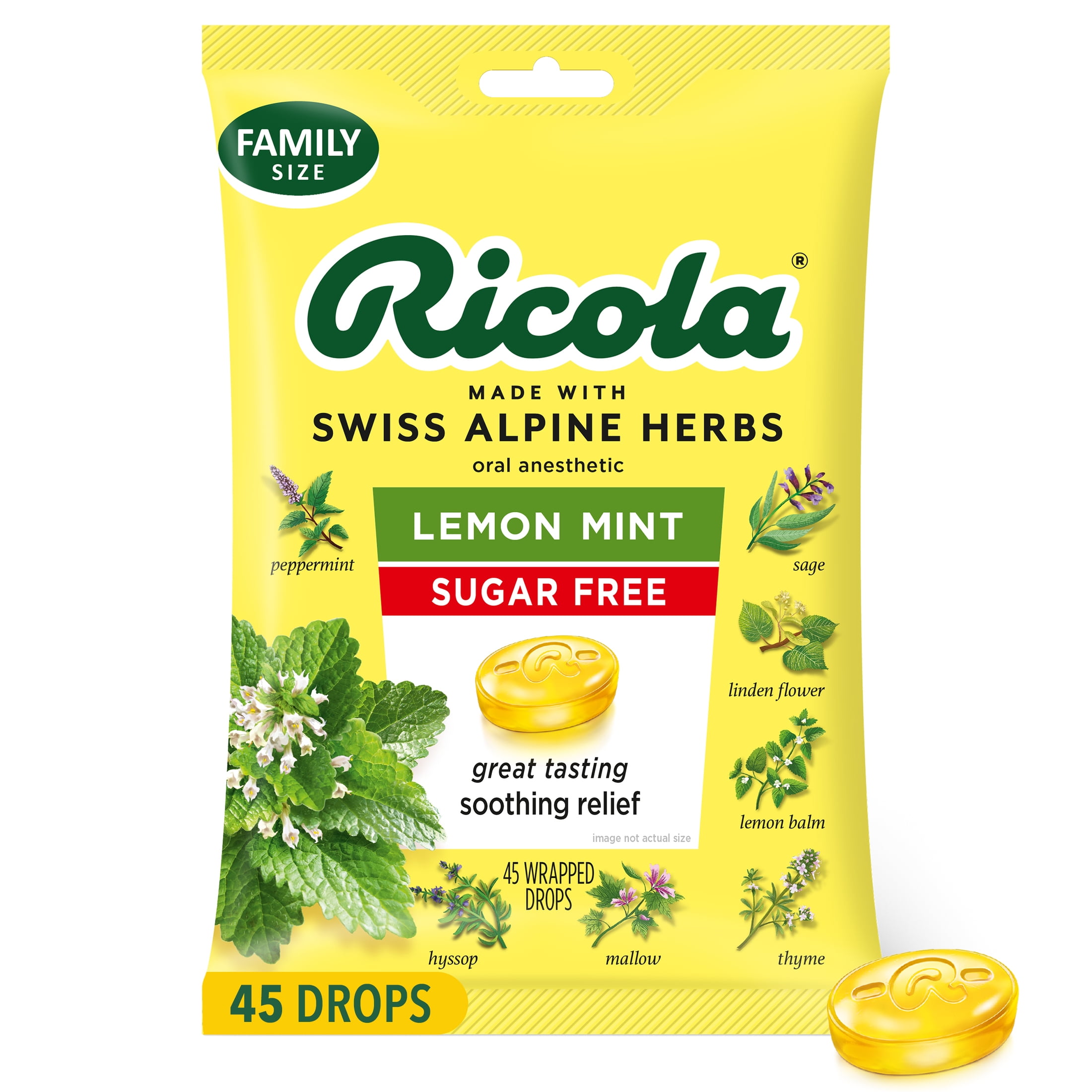 Ricola Sugar Free Lemon Mint Throat Drops, Refreshing Throat Relief - 45 Ct