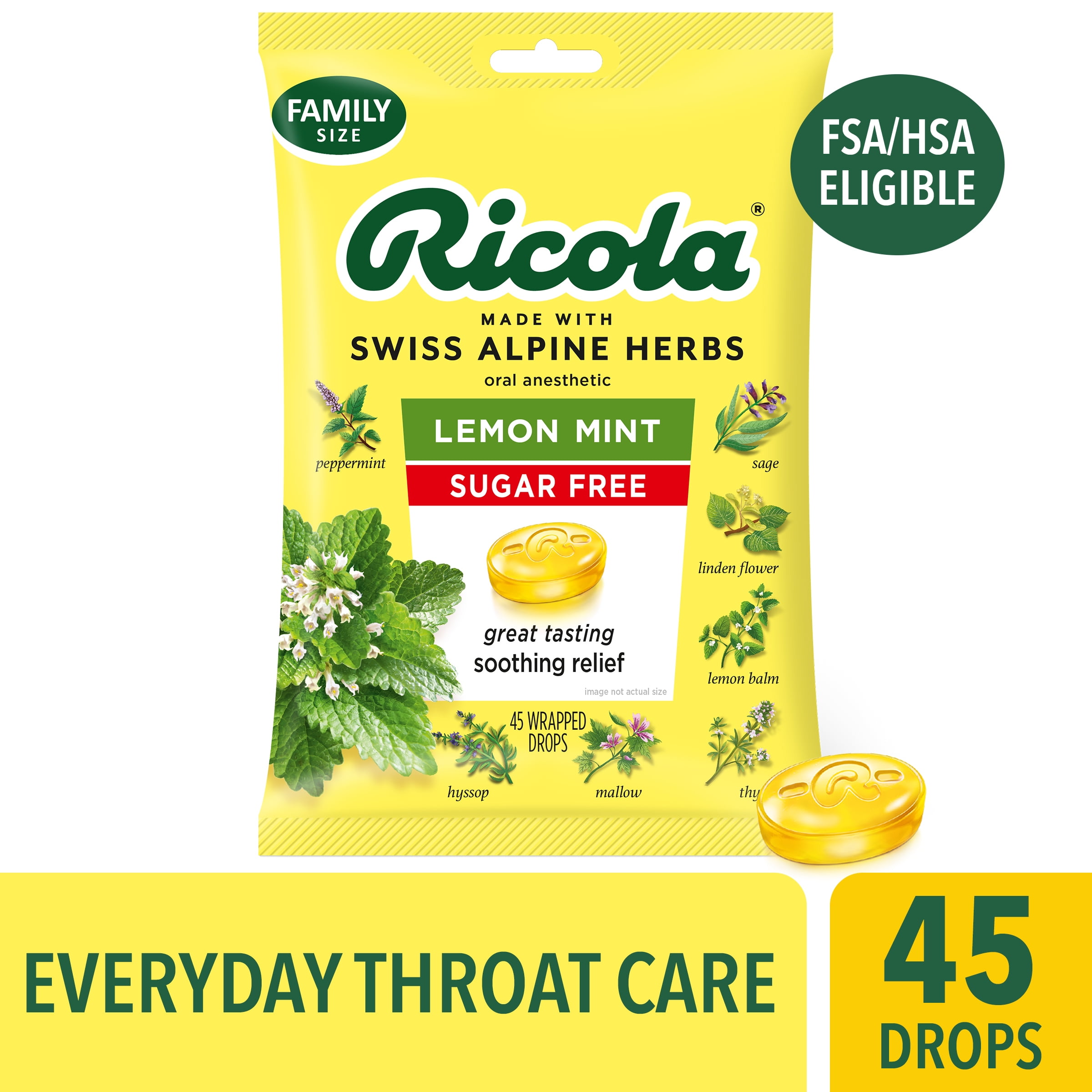 Ricola Sugar Free Lemon Mint Throat Drops, Refreshing Throat Relief - 45 Ct