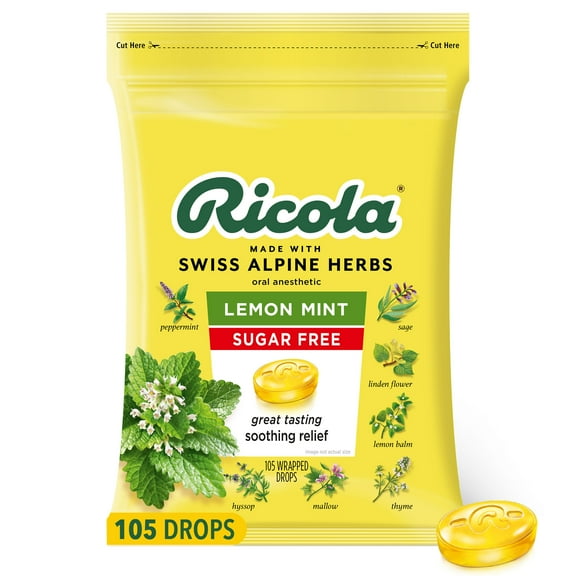 Ricola Sugar Free Lemon Mint Throat Drops | Refreshing Throat Relief & Oral Anesthetic, 105 Count Club