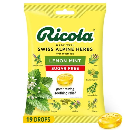 Ricola Sugar Free Lemon Mint Throat Drops for Everyday Soothing Sore Throat Care, 19 Count