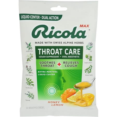 Ricola Throat Care Honey Lemon Cough Drops, Liquid Center, Dual Action, 34 Lozenges (Pack of 3)