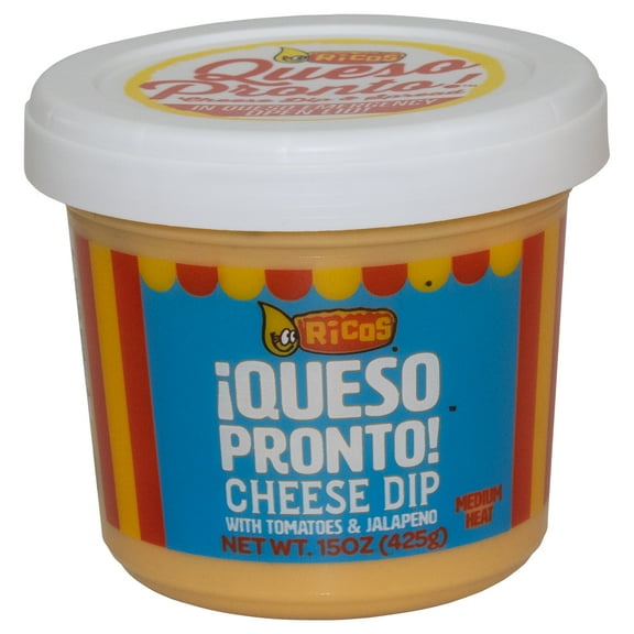 Ricos Queso Pronto Medium Yellow Cheese Dip & Spread with Tomato and Jalapeno, 15 oz Tub, Shelf-Stable