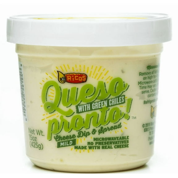 Ricos Queso Pronto Mild Cheese Dip & Spread with Green Chiles, 15 oz, Tub, Shelf-Stable (Pack of 2)