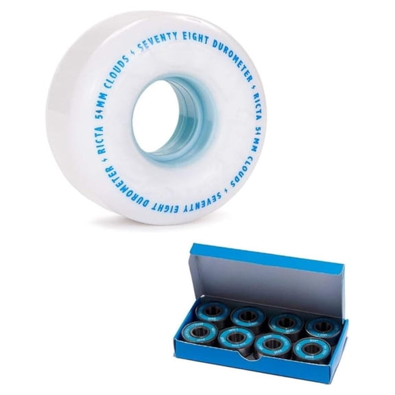 Ricta Clouds Skateboard Wheels & CCS Bearings Set - 54mm 78A White/Blue - Complete Kit for Smooth Ride - Includes 4 Wheels & 8 ABEC 7 Bearings