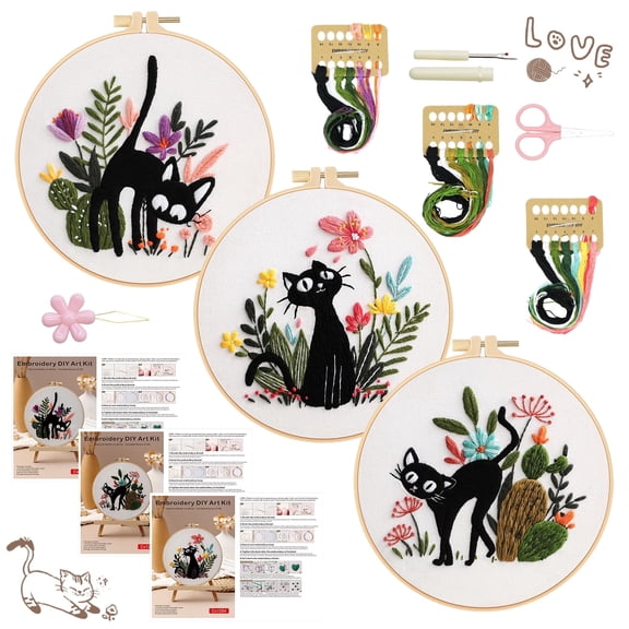 RidaaFri 3 Sets Beginner Embroidery Kit, DIY Cat Patterns, Adults Craft Set, Video Tutorial