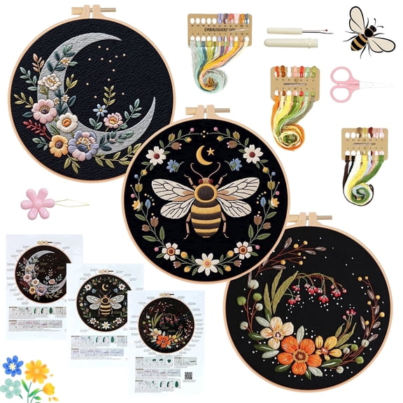 RidaaFri 3 Sets Embroidery Kit Beginners, Diy Adults Craft Set, Moon,Bee,Floral,Step-by-Step Guide Video