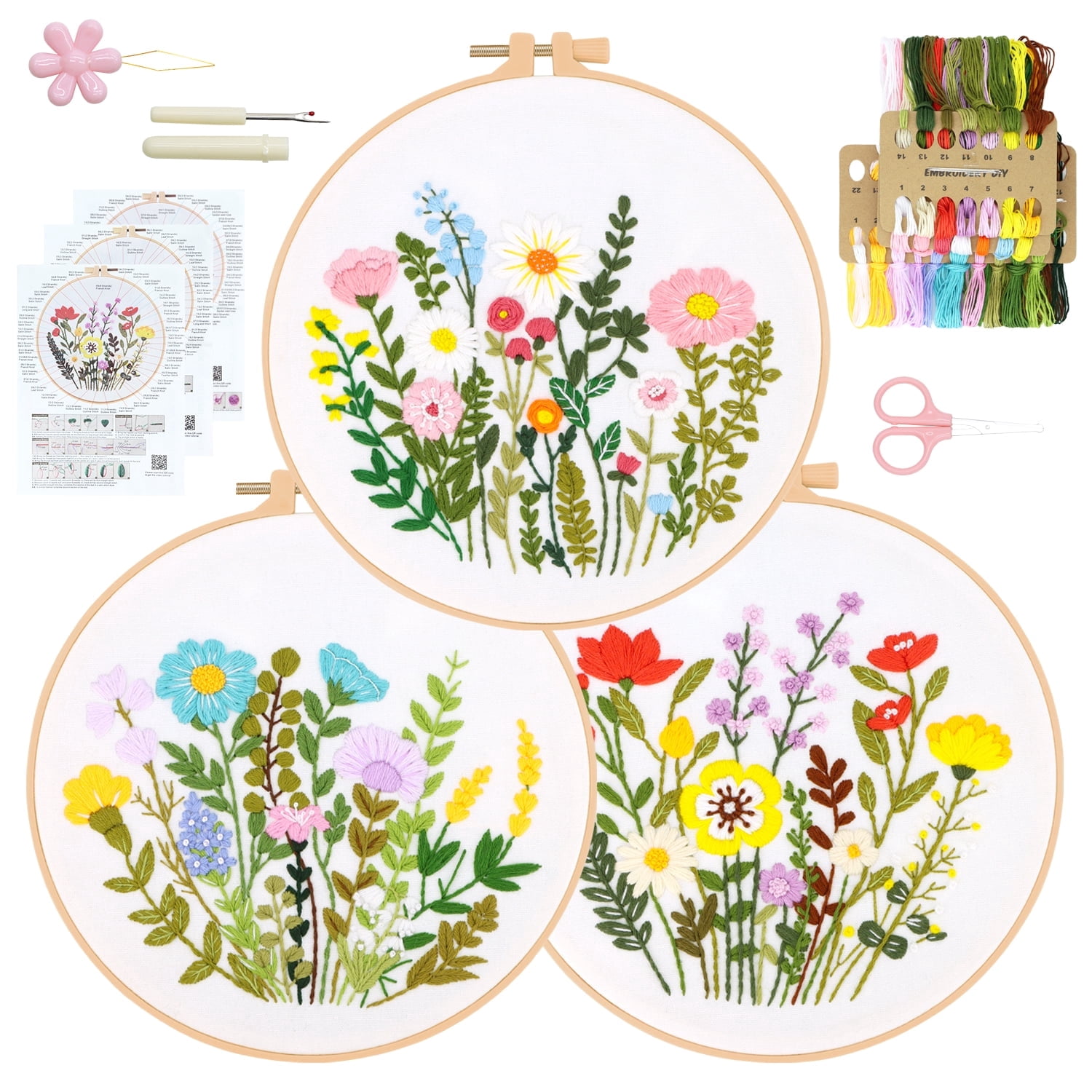 RidaaFri 3 Sets Floral Embroidery Kit Beginners, DIY Adults Craft Set, Step-by-Step Guide Video