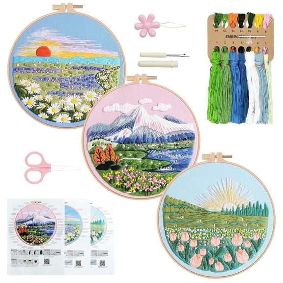 RidaaFri 3 Sets Floral Embroidery Kit Beginners, DIY Adults Craft Set, Step-by-Step Guide Video