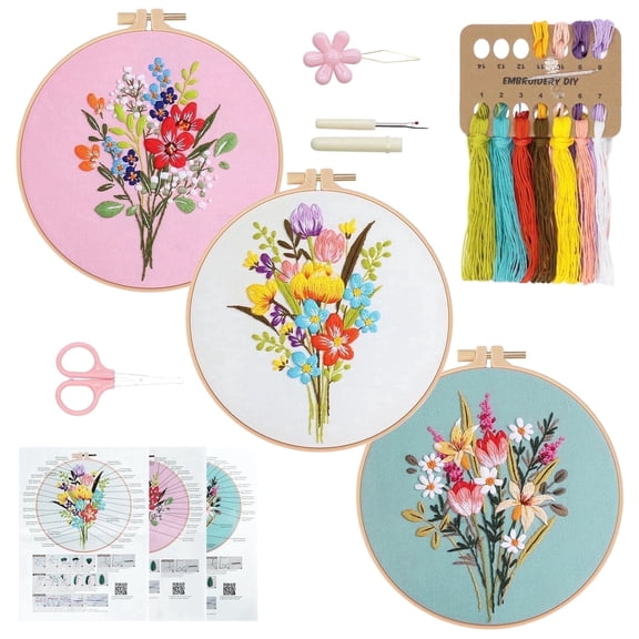 RidaaFri 3 Sets Floral Embroidery Kit Beginners, DIY Adults Craft Set, Step-by-Step Guide Video