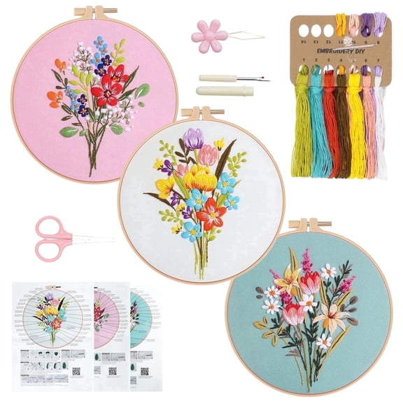 RidaaFri 3 Sets Floral Embroidery Kit Beginners, DIY Adults Craft Set, Step-by-Step Guide Video