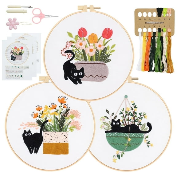RidaaFri 3 Sets Beginner Embroidery Kit, DIY Cat Patterns, Adults Craft Set, Video Tutorial