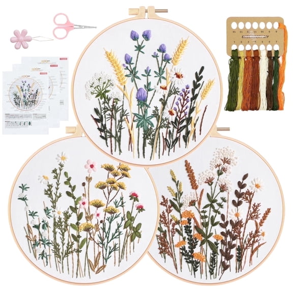 RidaaFri 3 Sets Floral Embroidery Kit Beginners, DIY Adults Craft Set, Step-by-Step Guide Video