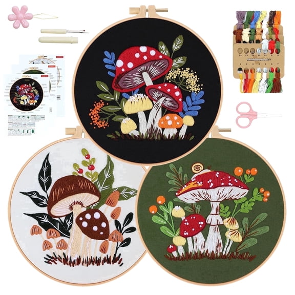 RidaaFri Embroidery Kit for Beginners, 3 Pk Stamped Mushroom DIY Craft Supplies with Hoop, Needles, Floss, Video, Complete Starter Kit for Learning Embroidery, Hobby Gift