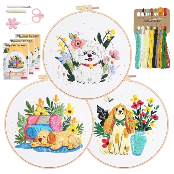 RidaaFri 3 Sets Dog Embroidery Kit Beginners, DIY Adults Craft Set, Step-by-Step Guide Video