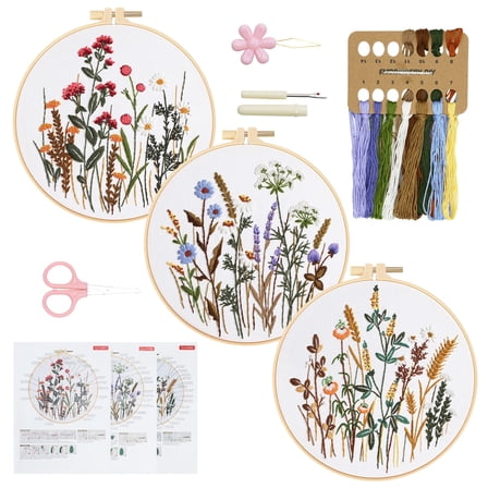 RidaaFri 3 Sets Floral Embroidery Kit Beginners, DIY Adults Craft Set, Step-by-Step Guide Video