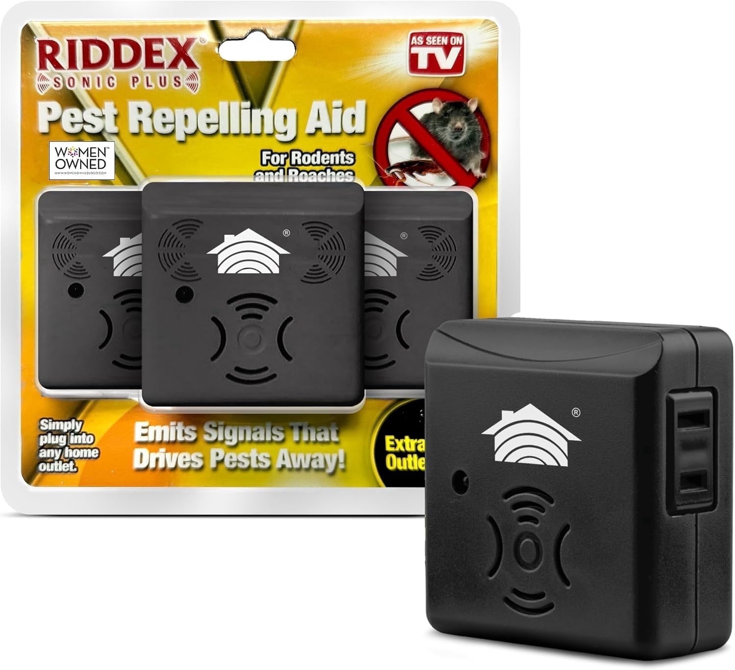 Riddex Sonic Plus Ultrasonic Pest Repeller, Plugs in with extra Outlets Indoor Use - Insect Repellent - Bug Repellent for Home Defense - Protect Against Rodents & Insects, Chemical Free(3 Pack Black)