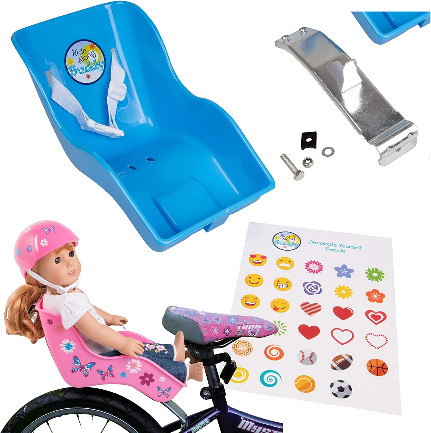 Ride Along Dolly Bicycle Seat Doll Accessories with Adorable Decals, Blue