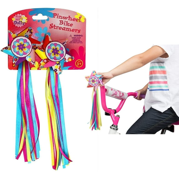Ride Along Dolly Bike Handlebar Pinwheel Streamers (2 pk) -Cute Pinwheel Streamers for Bike, Scooter, Tricycle, Accessories and Decorations for Kids Girls - Easy Attachment to Cycle's Handlebars