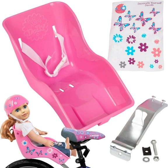 Ride Along Dolly Doll Bike Seat with Decorate Yourself Decals (Fits American Girl and Standard Sized Dolls and Stuffed Animals) Pink, Great Summer Bicycle Accessory!