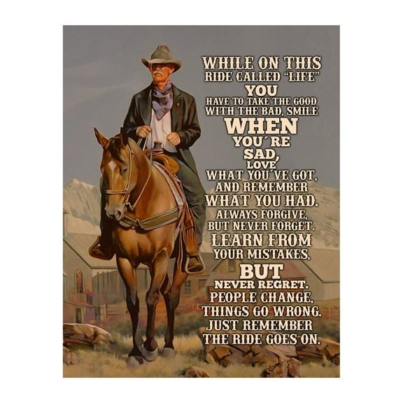 Ride Called Life Inspirational Wall Art Print - Motivational Western Cowboy Wall Art Decor for Home, Living Room Decor, Office, Library & Room Decor