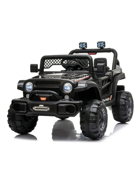 Ride on Car with Remote Control, Ride on Toys Car with Spring Suspension, Led Lights, Music Player, Battery Cars for Kids, Black All Terrain Ride on Truck UTV