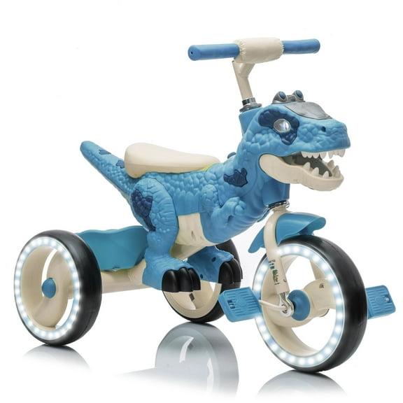 Ride on Dinosaur Tricycle for Kids, Toddlers Kid Trike Bike Big Wheel with EVA Wide Flash Wheels, Anti-slip Pedals & Handles, Rearward Storage Basket, Music, Lights, Toddler Bike for Age 3-5, Blue
