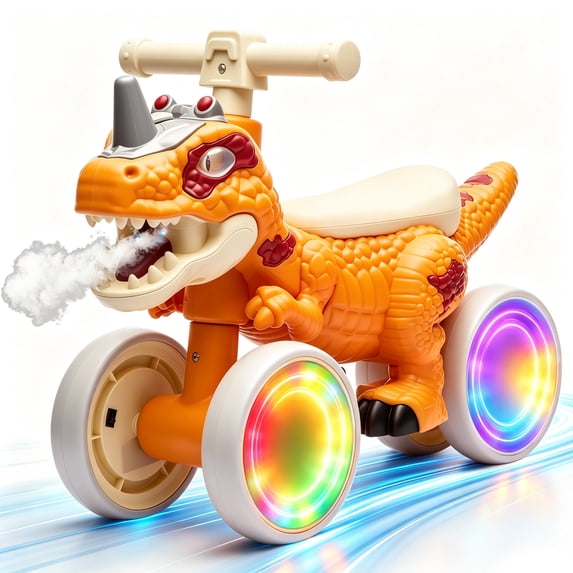 Xuanlur Dinosaur Balance Bike for 1-3 Year Olds, Toddler Bike with EVA Tires, Light-Up Wheels, Baby Bike with Music & Mist Spray Effects, Dinosaur Ride on Toy, Perfect First Birthday Gift, Yellow