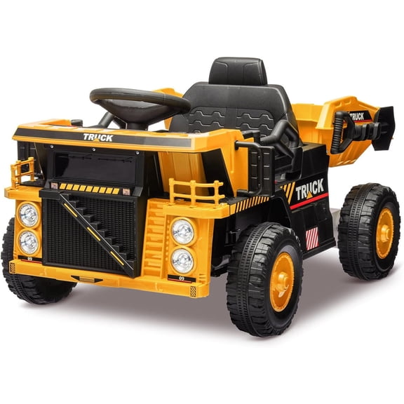 Ride On Dump Truck 12V Ride On Car Toy for Kids with Remote Control, Electric Dump Bed, Shovel, Music Player, High and Low Speed and Four-Wheel Shock Absorption for Kids Aged 3+