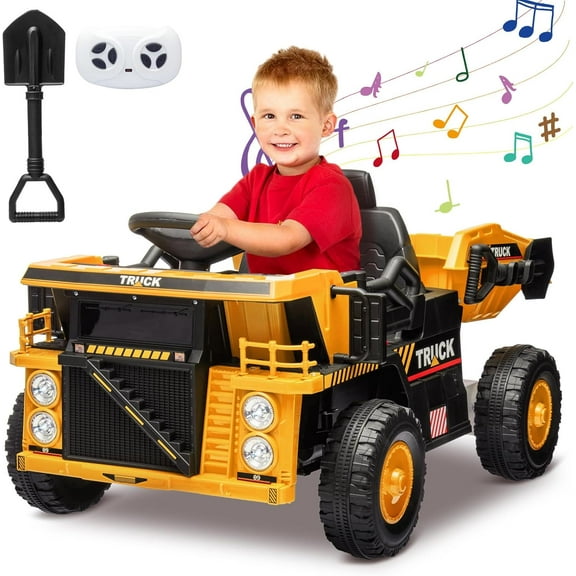 Ride On Dump Truck,Ride On Car Toy with Remote Control,Electric Dump Bed,Shovel, 12V Ride On Construction Vehicle for Kids with Music Player, High and Low Speed