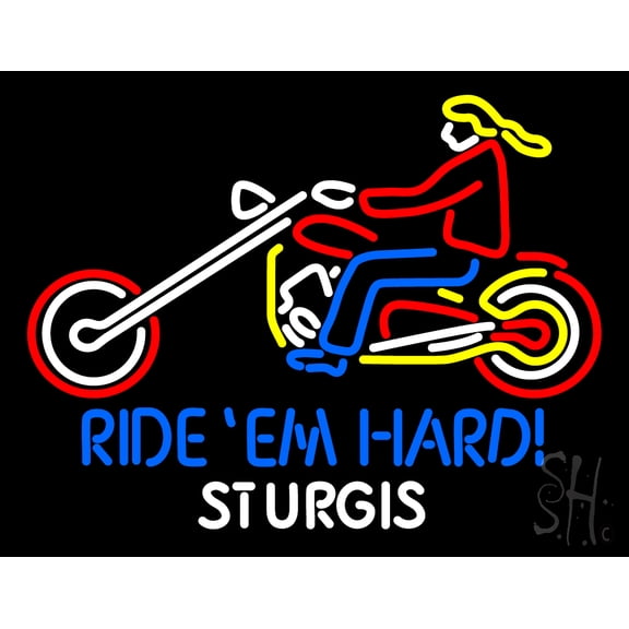 Ride Em Hard Sturgis Motorcyle LED Neon Sign 15 x 19 - inches, Clear Edge Cut Acrylic Backing, with Dimmer - Bright and Premium built indoor LED Neon Sign for automotive store, and mall.