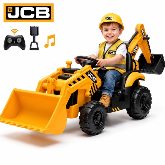 Ride on Excavator, JCB, 24V Dual Motors, SHINPT Digger Ride on Toy, Front Loader & Backhoe, Remote Control Construction Toy, Yellow, for Toddler Boys 3-5 Years Old