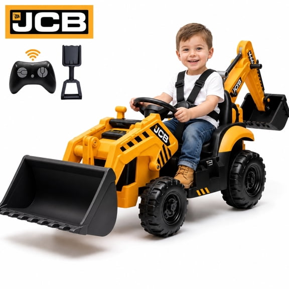 JCB 24V Ride on Excavator Toy for Kids, 3-in-1 Powered Electric Construction Truck with Reversible Seat, Remote Control, Front Loader, Backhoe, 4-Wheel, Toddler Ride on Toys for Ages 3-6, Yellow
