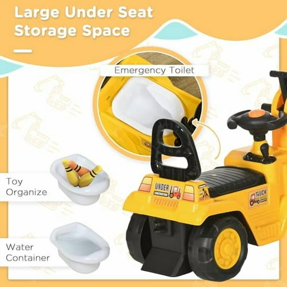 Ride On Excavator Pull Cart, Kids Digger Ride on Truck with Horn, Under Seat Storage, Sit and Scoot Pretend Play Toy Construction Car for Ages 18-48 Months