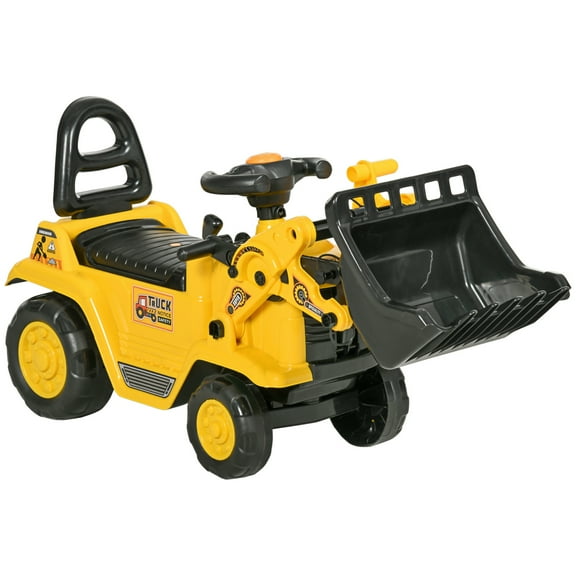 Ride On Excavator Toy with Pull Cart and Front Loader Shovel, Under Seat Storage Construction Vehicle for Boys and Girls Ages 3+, Outdoor Sand and Snow Play Scooter with Horn and Safety Features