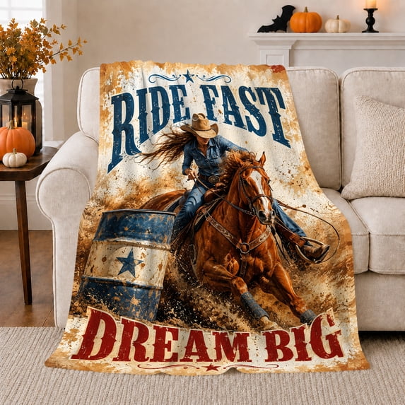 Ride Fast Dream Big Rodeo Barrel Racing Western, Rustic Farmhouse Horse Scene, Warm Flannel Blanket for Ranch House and Living Room, Horse Lovers Housewarming Gift, Rustic Home Decor