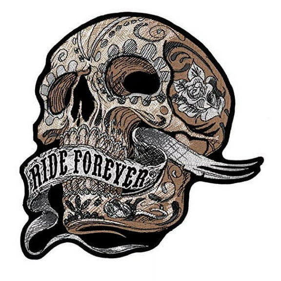 Ride Forever Banner Skull Tattoo Roses Embroidered Back Patch Iron Sew HLPM12619