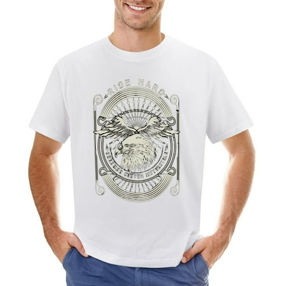 Ride Hard Motorcycle Eagle American Custom Motorcycle Vintage T-shirt Mens Cotton Classic Crewneck Short Sleeve Tees Unisex White L
