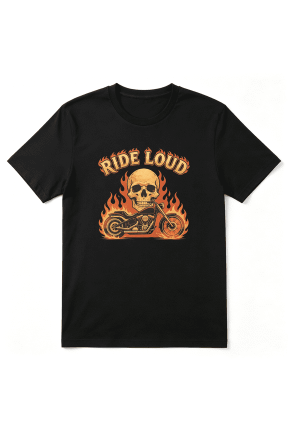 Ride Loud Flaming Skull Motorcycle Retro Graphic Tee for Men, Outdoor Tailgate Cotton Short Sleeves T-Shirt