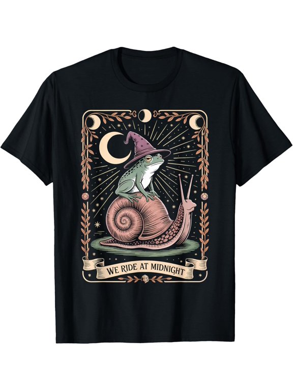 We Ride At Midnight Witchy Frog Snail Fantasy Humor T-Shirt- Classic Holiday Bestsellers funny halloween shirt Unisex 100% Cotton T-Shirt Breathable Casual Everyday Wear Affordable t shirts