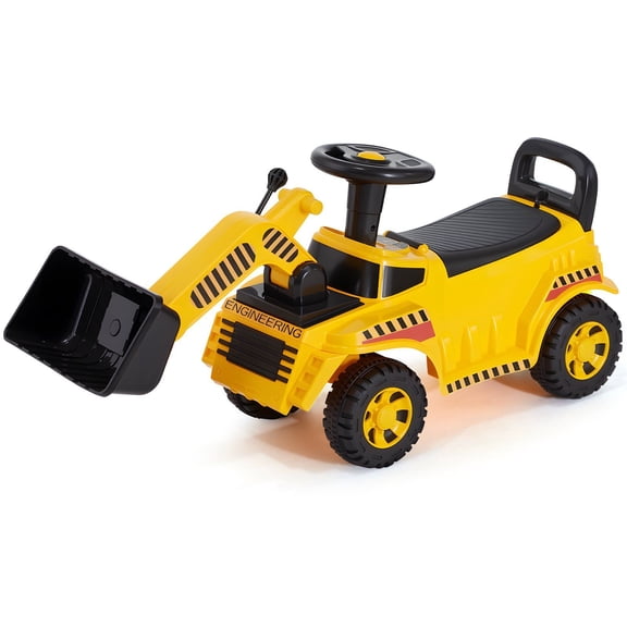 Ride On Excavator Car for Toddlers 19 to 36 Months Yellow Foot to Floor Walker with Under Seat Storage Music and 55 lbs Load Capacity