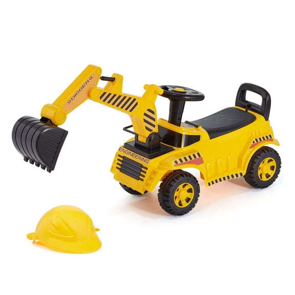Ride On Excavator Toy for Toddlers 19-36 Months, Push Car with Music & Helmet, 55lbs Capacity, Foot-to-Floor, Yellow