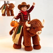 Ride-On Highland Cow Halloween Costume, Plush Shaggy Bull Rider Outfit with Curved Horns & Adjustable Harness, Funny Western Cowboy Dress-Up for Toddlers & Kids