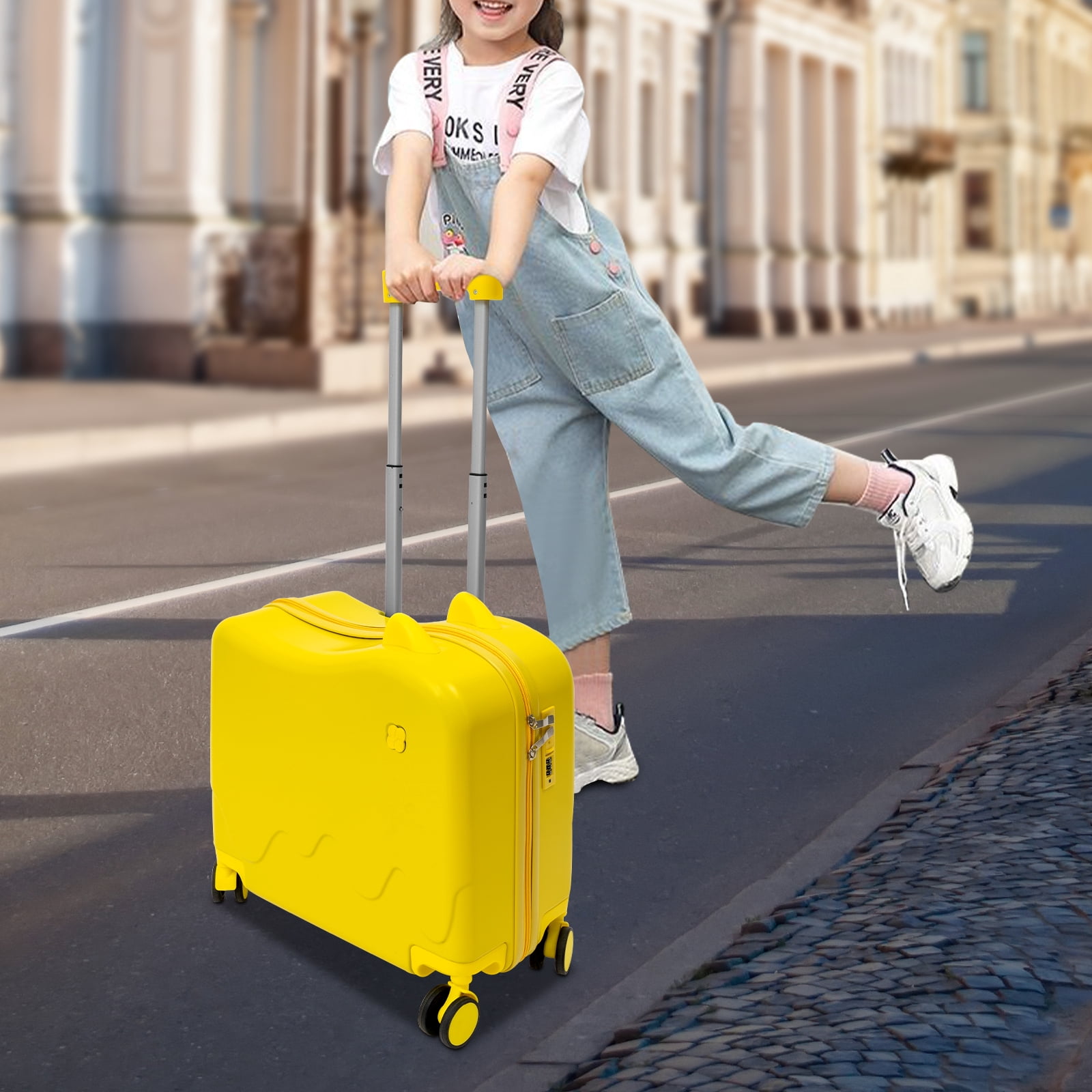 Ride-On Kids Suitcase 18" Hard Shell Luggage with Wheels, 37L Carry-On with Lock, Adjustable Handle & Seat for Toddlers Ages 3-6 - Yellow