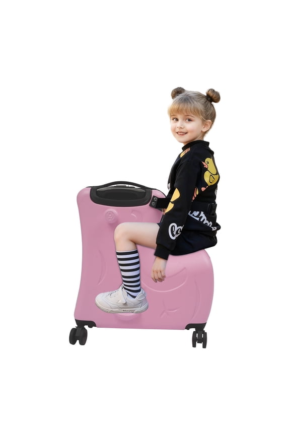 Ride On Suitcase, Luggage with Wheels, Travel Trolley Case, 20 Inch Portable Carry On, Pink Matte Trunk with Seat, 4 Spinner Wheels, 20L Capacity
