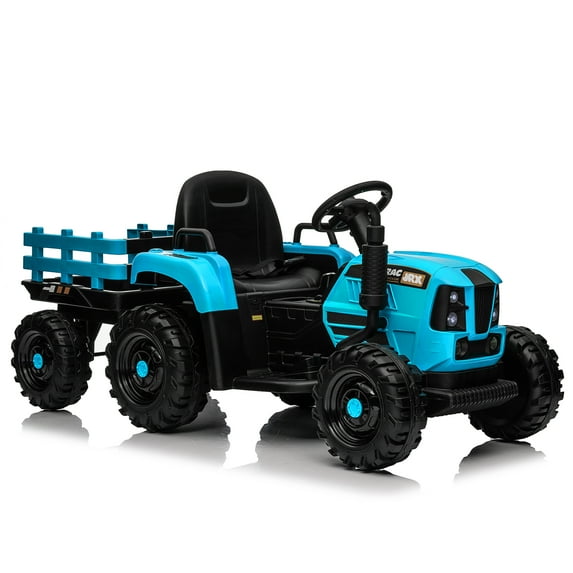 Ride On Tractor With Trailer,12V Battery Powered Electric Tractor Toy W/Remote Control,Electric Car For Kids,Three Speed Adjustable,Power Display, Usb,Mp3 ,Bluetooth,Led Light,Two-Point Safety Belt