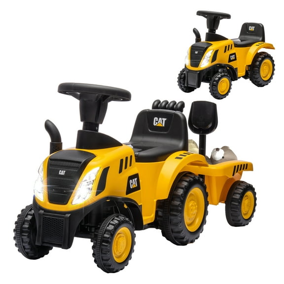 Ride On Tractor for Toddlers 18-36 Months - Caterpillar Excavator w/ Shovel & Trailer - 2-in-1 Push Car - Yellow Yellow + Plastic