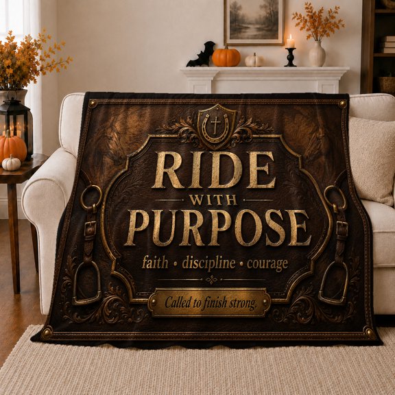 Ride Purpose Equestrian Motto, Rustic Farmhouse Horse Scene, Warm Flannel Blanket for Ranch House and Living Room, Horse Lovers Housewarming Gift, Rustic Home Decor