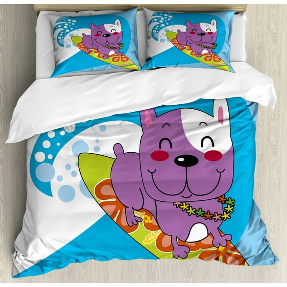 Ride The Wave Duvet Cover Set Queen Size, Cute French Bulldog Surfing and Smiling Happy Adventure Exotic Dog Cartoon, Decorative 3 Piece Bedding Set with 2 Pillow Shams, Multicolor, by Ambesonne