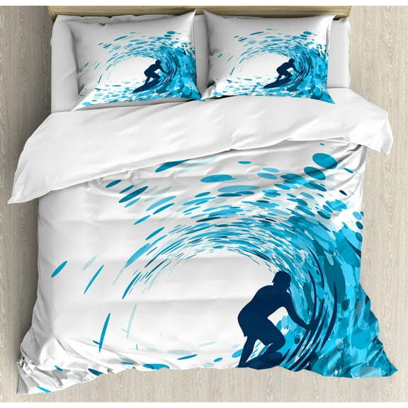 Ride The Wave Duvet Cover Set Queen Size, Silhouette of a Surfer under Giant Ocean Waves Athlete Hobby Lifestyle Image, Decorative 3 Piece Bedding Set with 2 Pillow Shams, Night Blue, by Ambesonne
